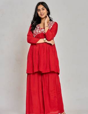 Red color mirror work with thread embroidery palazzo set 1
