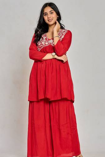 Red color mirror work with thread embroidery palazzo set