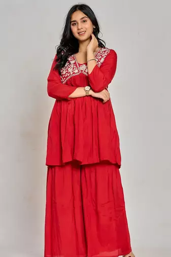 Red color mirror work with thread embroidery palazzo set