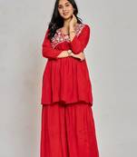 Red color mirror work with thread embroidery palazzo set