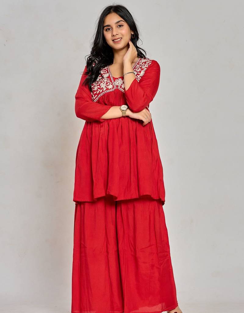 Red color mirror work with thread embroidery palazzo set