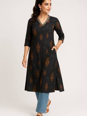Black color block style print with zari couching on neckline kurti 2