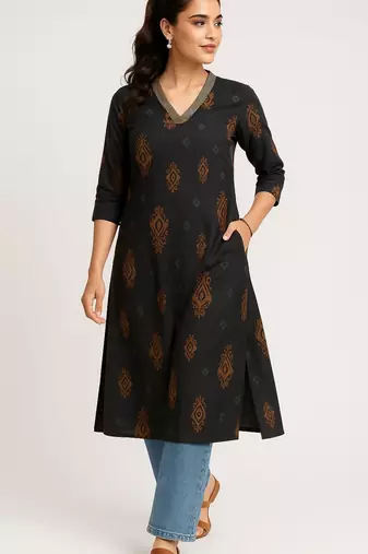 Black color block style print with zari couching on neckline kurti