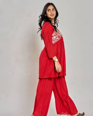 Red color mirror work with thread embroidery palazzo set 2