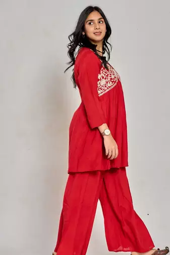 Red color mirror work with thread embroidery palazzo set