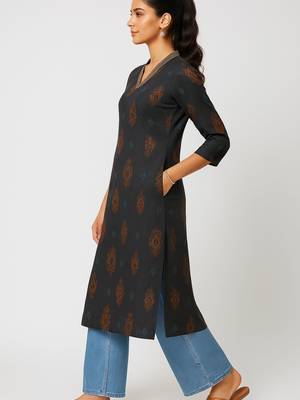 Black color block style print with zari couching on neckline kurti 3