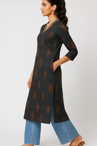 Black color block style print with zari couching on neckline kurti