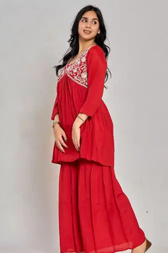 Red color mirror work with thread embroidery palazzo set