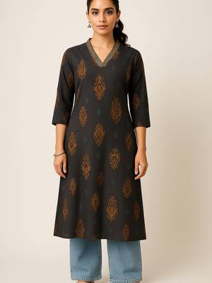 Black color block style print with zari couching on neckline kurti 4