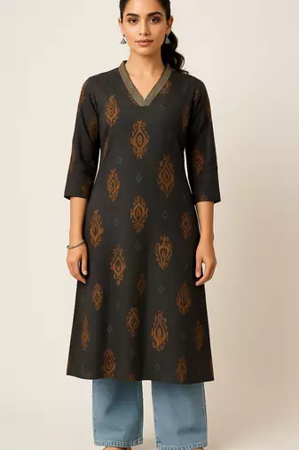 Black color block style print with zari couching on neckline kurti