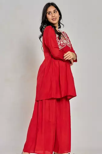 Red color mirror work with thread embroidery palazzo set