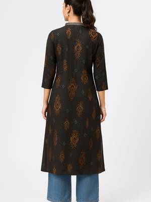 Black color block style print with zari couching on neckline kurti 5