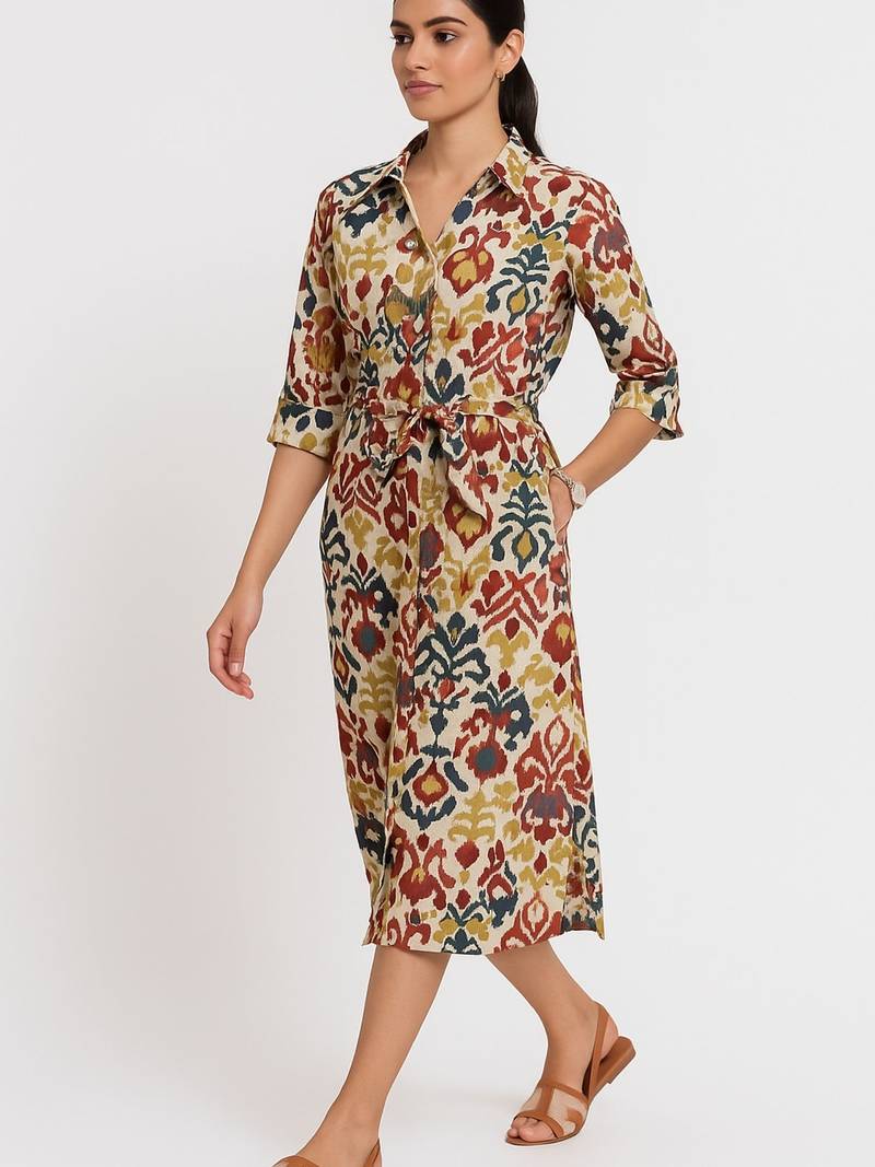 Ikat inspired multicolor all over print rayon kurti