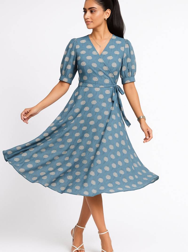 Blue color elbow length puff sleeves with elasticated hem kurti