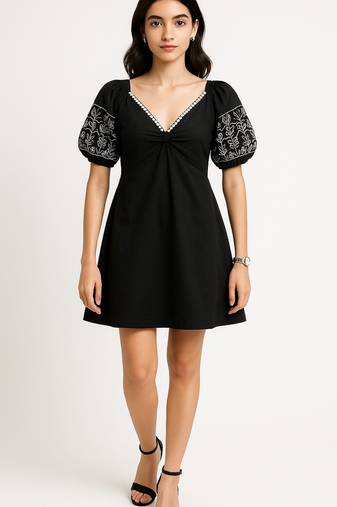 Black color embroidered floral motifs cotton dress