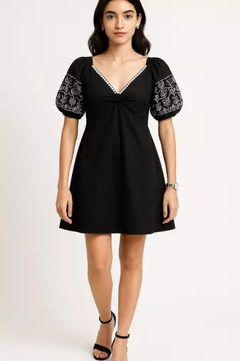 Black color embroidered floral motifs cotton dress