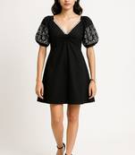Black color embroidered floral motifs cotton dress