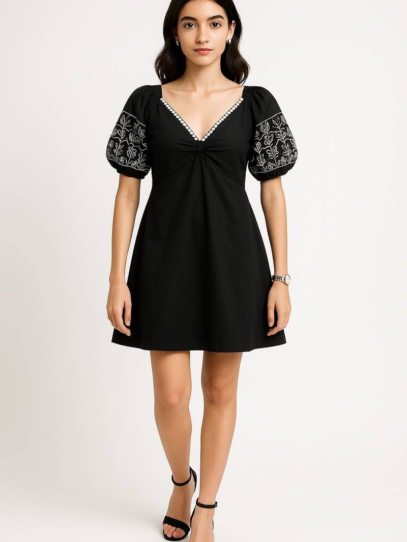 Black color embroidered floral motifs cotton dress