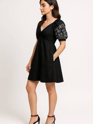Black color embroidered floral motifs cotton dress 2