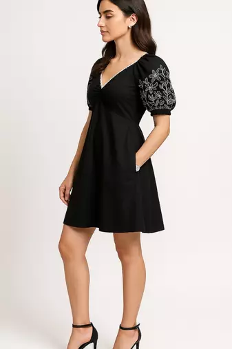 Black color embroidered floral motifs cotton dress