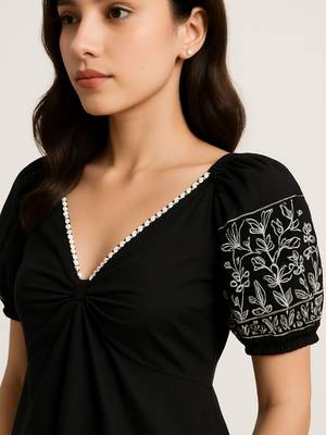Black color embroidered floral motifs cotton dress 3