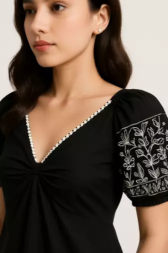 Black color embroidered floral motifs cotton dress