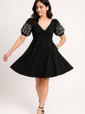 Black color embroidered floral motifs cotton dress 4