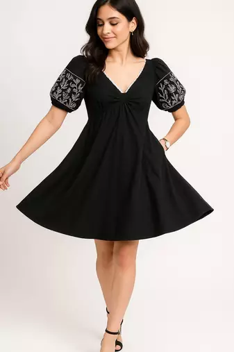 Black color embroidered floral motifs cotton dress