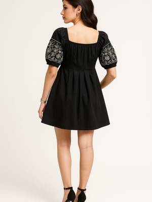 Black color embroidered floral motifs cotton dress 5