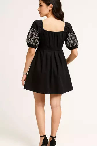Black color embroidered floral motifs cotton dress
