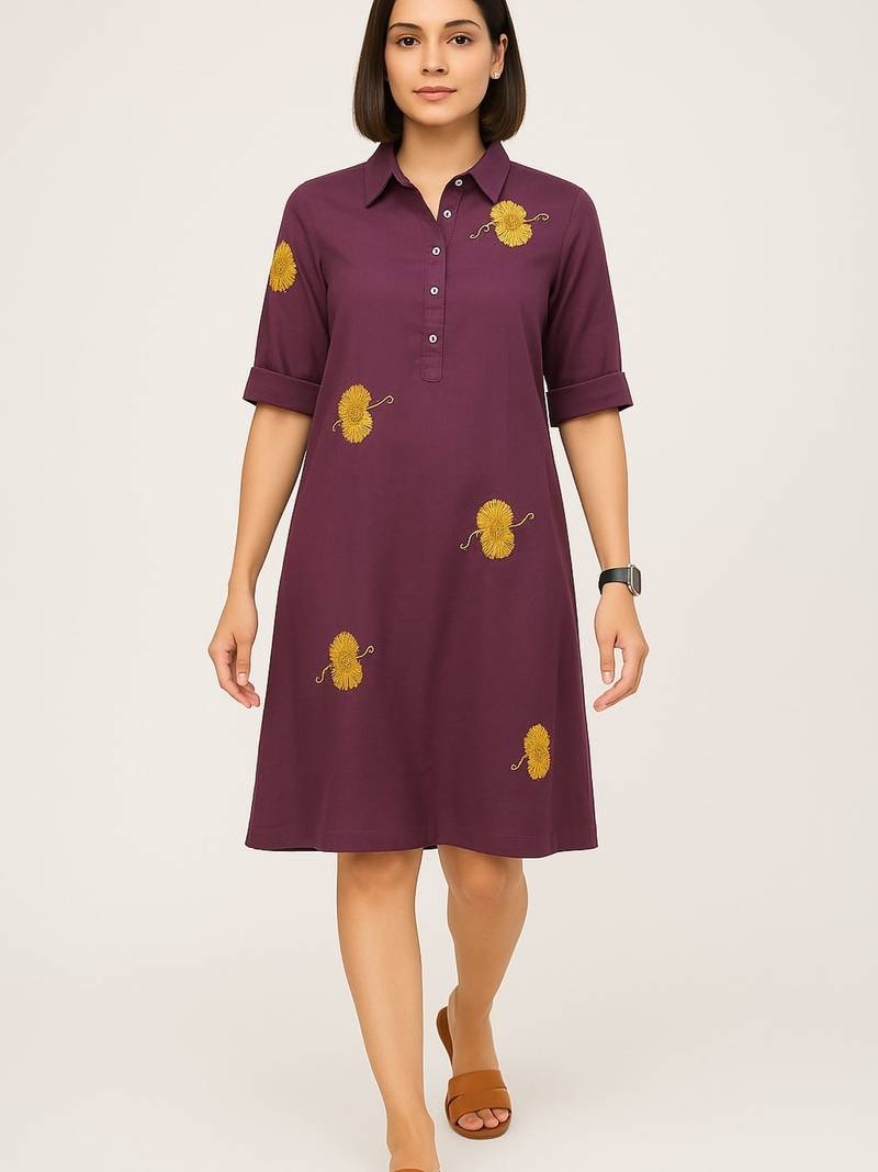 Purple color yellow floral embroidery rayon kurti