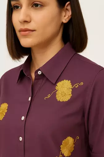 Purple color yellow floral embroidery rayon kurti