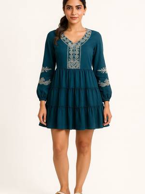 Teal blue color embroidery on neckline and sleeves tiered skirt design dress 1