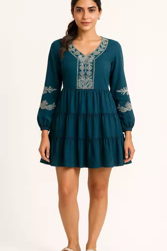 Teal blue color embroidery on neckline and sleeves tiered skirt design dress