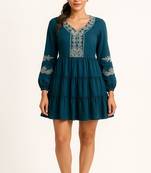 Teal blue color embroidery on neckline and sleeves tiered skirt design dress