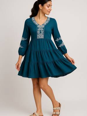 Teal blue color embroidery on neckline and sleeves tiered skirt design dress 2