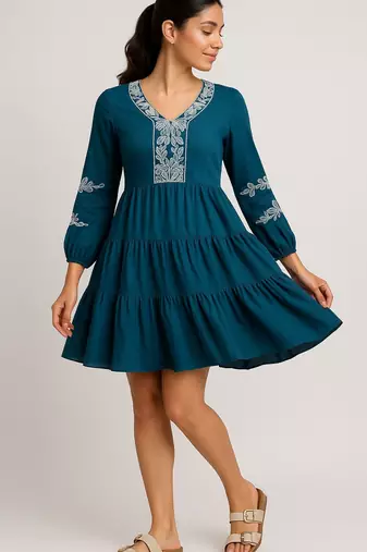 Teal blue color embroidery on neckline and sleeves tiered skirt design dress