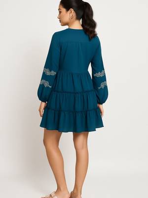 Teal blue color embroidery on neckline and sleeves tiered skirt design dress 3