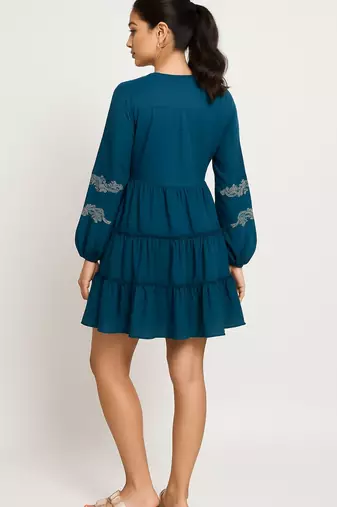 Teal blue color embroidery on neckline and sleeves tiered skirt design dress