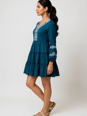 Teal blue color embroidery on neckline and sleeves tiered skirt design dress 4