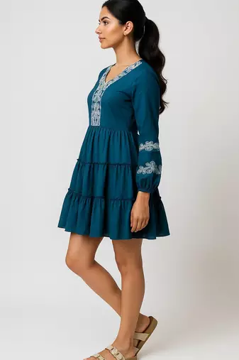 Teal blue color embroidery on neckline and sleeves tiered skirt design dress