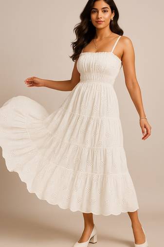 White color schiffli embroidery dress