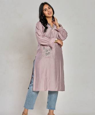Lavender color embroidery with mirror work kurti 1
