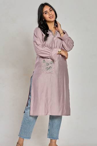 Lavender color embroidery with mirror work kurti