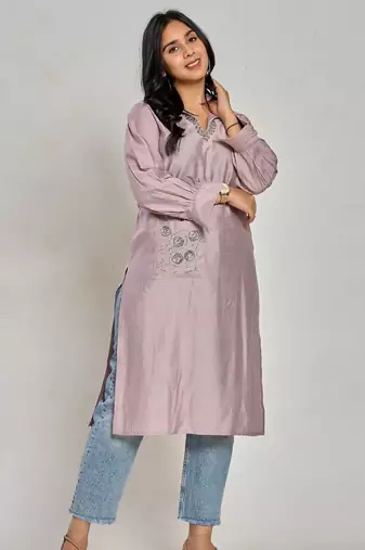 Lavender color embroidery with mirror work kurti