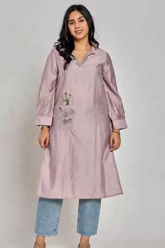 Lavender color embroidery with mirror work kurti