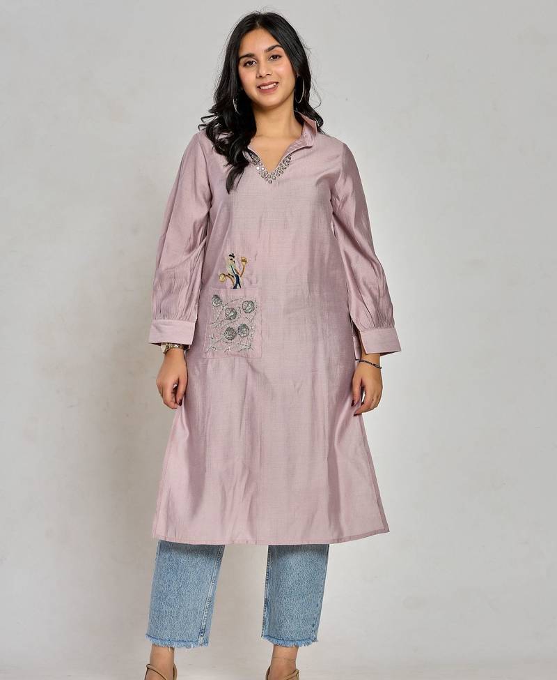 Lavender color embroidery with mirror work kurti