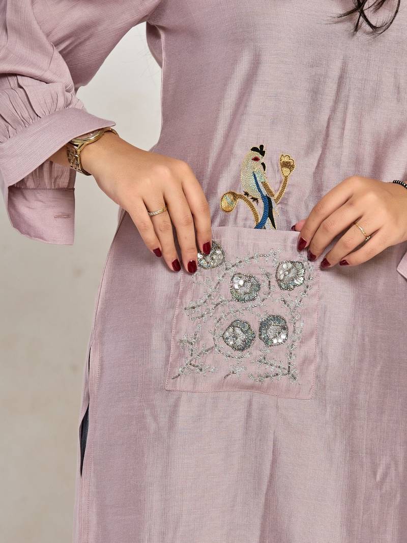 Lavender color embroidery with mirror work kurti