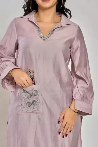 Lavender color embroidery with mirror work kurti