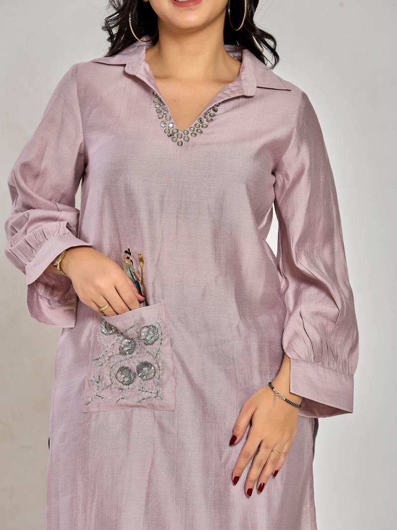 Lavender color embroidery with mirror work kurti
